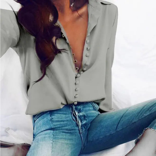 Fashion Casual Solid Color Ladies office Tops Sexy Buttons Long sleeve Blouse 2025 Women Chiffon white Shirt